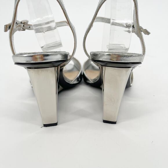Prada Metallic Silver Leather Heart Cutout Wedge Ankle Strap Sandal size IT 36 - Picture 10 of 16